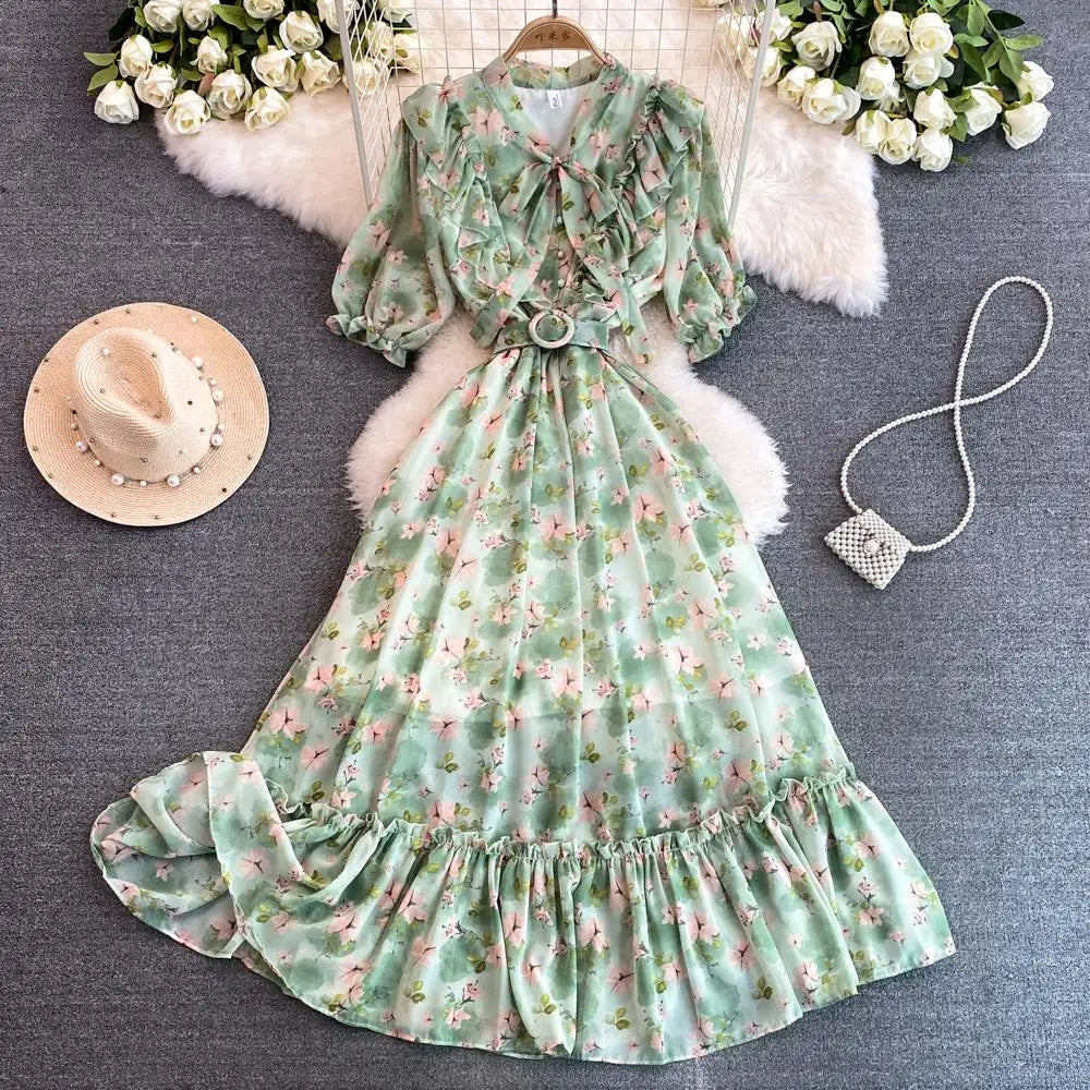Summer Women Fashion Floral Print Casual Midi Dress Short Sleeve A-Line Maxi Boho Holiday Clothes Female Long Robe Mujers New