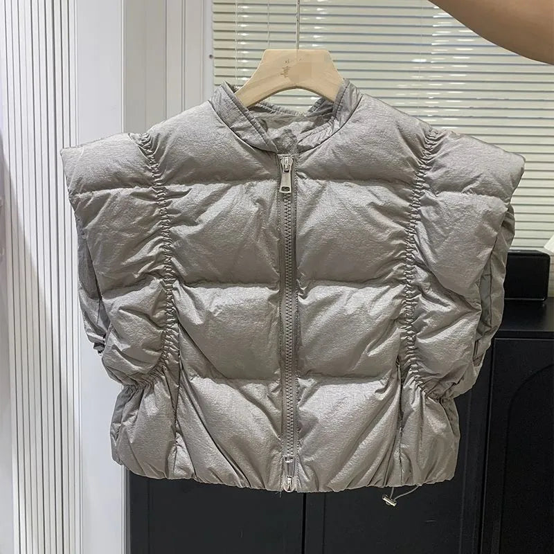 Women's Trendy Down Jacket Vest Winter Chic Sleeveless Zip Coat Round Neck Cropped Warm Waistcoat Female Spring 2024 New