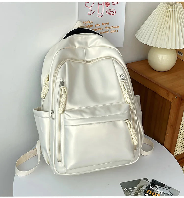 Korean Fashion College Student School Bags Women's New Trendy Casual Glossy Leather Backpacks Versatile Large Capacity Handbags