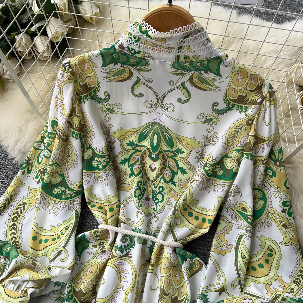 New In Dresses Lace Trim Elegant Vintage Floral Print Dress Women Stand Collar Long Sleeve Buttoned Holiday Mini Dress With Belt