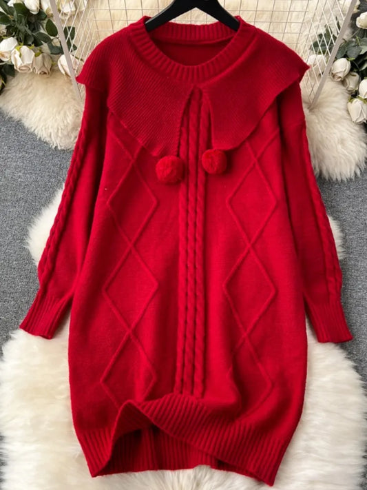 Y2k Sweet Knitted Dresses for Women Autumn Winter Christmas Sweater Loose Knitwears Mini Dress Korean Fashion Female Vestidos