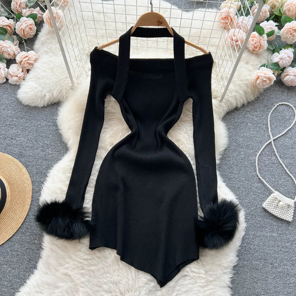 Chic Sexy Halter Bandage Irregular Bodycon Dress Fluffy Long Sleeve Knit Birthday Dress Autumn Winter Pencil Sweater Vestidos