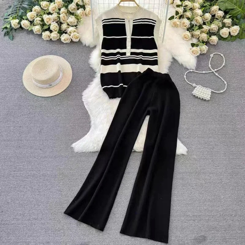Y2k Clothes Women Fashion Set Two Pieces Streetwear Sleeveless Knitted Self Cultivation Top High Waisted Wide Legs Trousers New