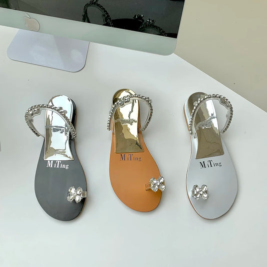 Clip Toe Women Sandals Slippers Black Brown Silver Summer Outside Mules Shoes Rhinestone Chain Low Heels Party Pumps Size 35-39