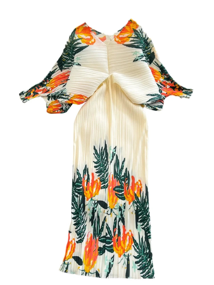 XFPV Women High Waist Printing A-line Pleated Dresses V-Neck Long Sleeved Lightweight Vestidos Spring Summer 2024 SM10792