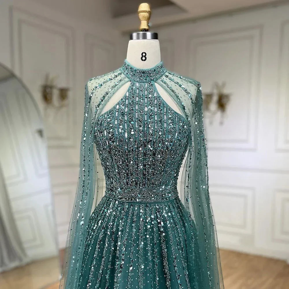 Serene Hill Arabic Turquoise A Line Cape Sleeve Beaded Luxury Dubai Evening Dresses Gowns For Women Wedding Party 2024 BLA72306A