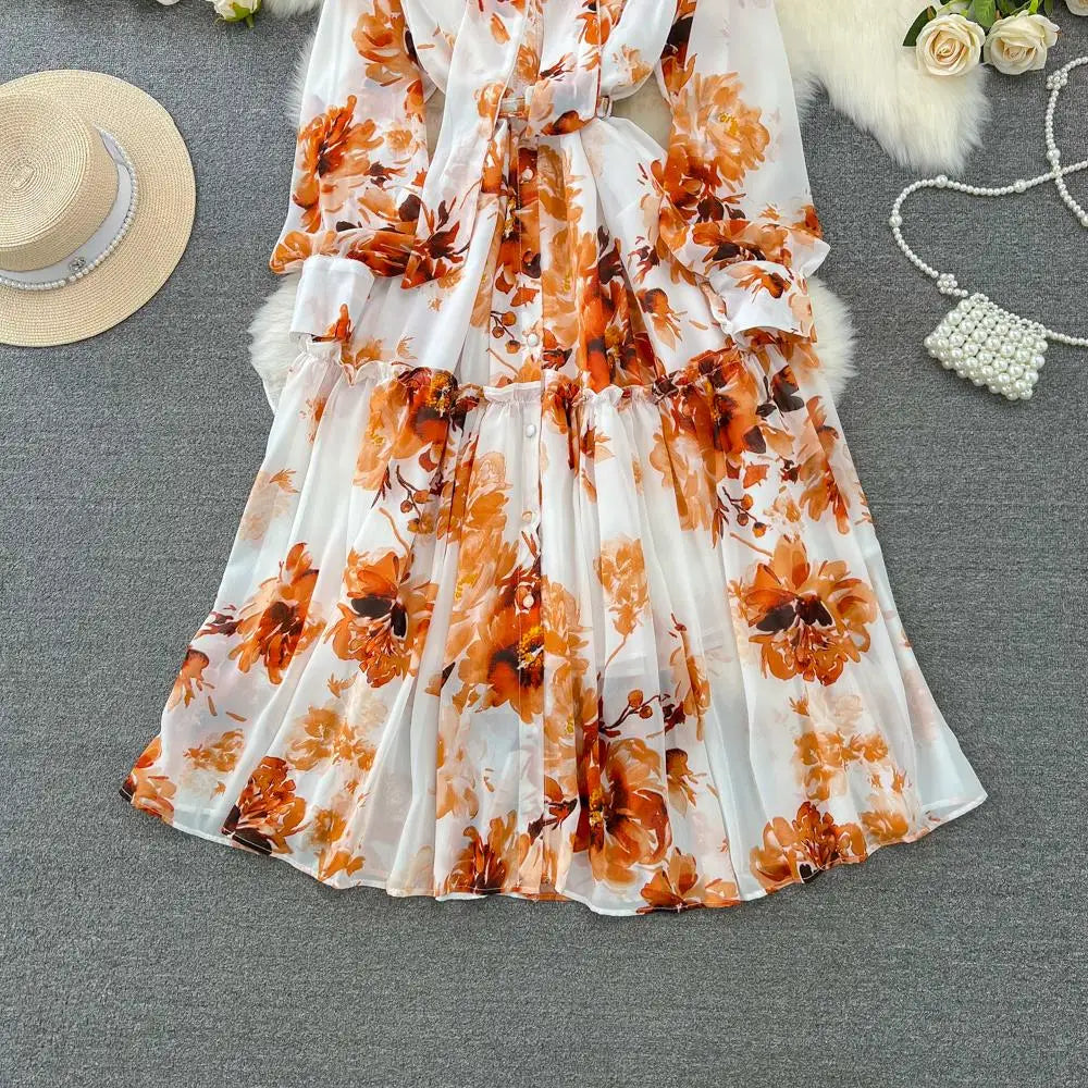 Elegant Casual Women Fashion Floral Print Long Dress Vintage Pleated A-Line Maxi Boho Beach Party Robe Female Clothes Mujers