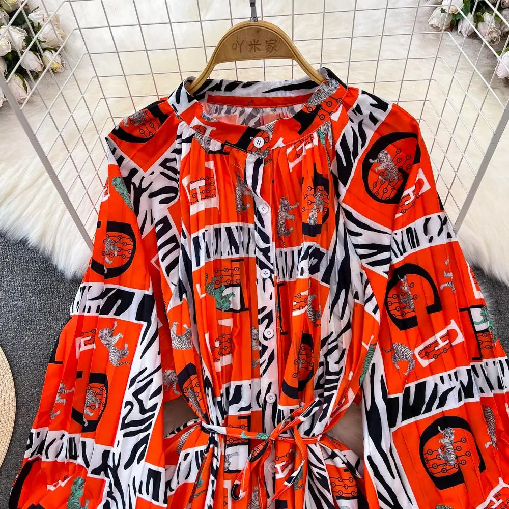 Elegant Women Casual Floral Print Party Dress Vintage Lantern Sleeve A-Line Pleated Prom Birthday Clothes Female Fashion Robe