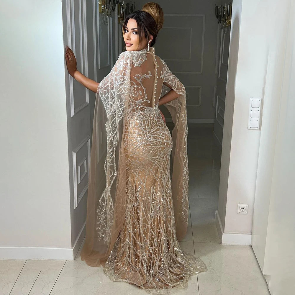 Serene Hill Nude Mermaid Elegant Sexy High Collar Cape Sleeves Luxury Beaded Evening Dresses Gowns 2024 For Women Party GLA71747