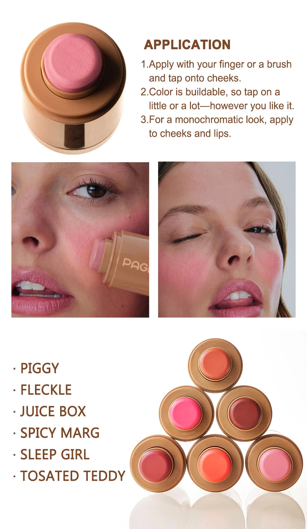 PAGE VINE Pocket Blush Stick Multi-Functional 6 Colors Lip & Cheek Highlighter Waterproof Natural Glow Balm