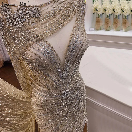 Luxury Champagne  Split Evening Dresses 2024 Diamond Beaded Sleeveless Mermaid Formal Serene Hill LA70301