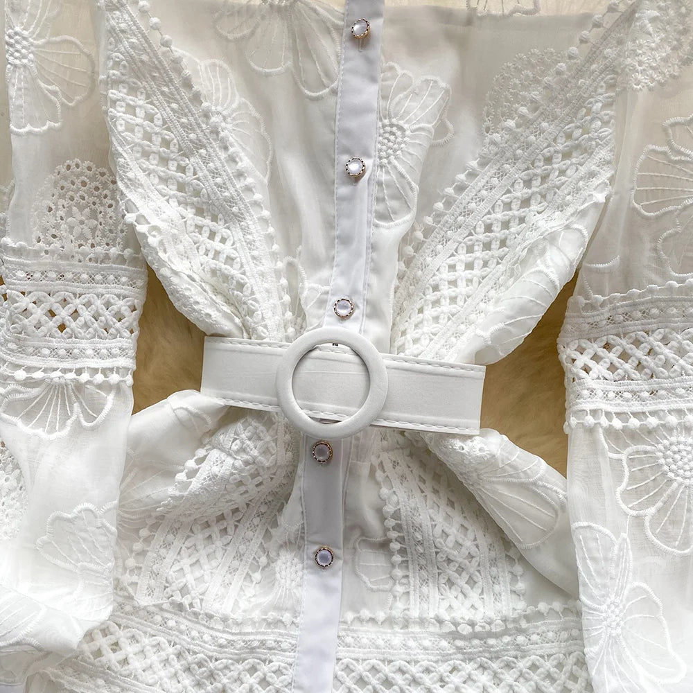 Spring Dresses 2024 Crochet Trim Cutwork Embroidery Mini Holiday Dress Women Stand Collar Long Sleeve Elegant Party Dresses
