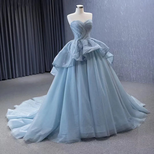 Serene Hill High End Custom Made Gray Blue Strapless Lace Up Beaded Luxury Ball Gown Bride Gowns Wedding Dress HM231064