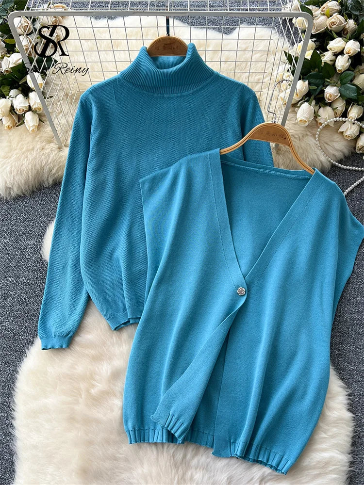 SINGREINY Autumn Sweater Three Pieces Sets Female Turtleneck Thick Top+Knitted Vest+Wide Leg Long Pants Winter Solid Warm Suits