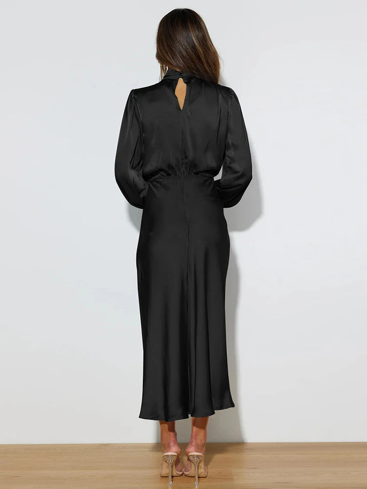 Spring Summer New High-End Satin Long Sleeved Dress Women's Ladylike Elegant Evening Dress Party Clothes Celebrity Dresses