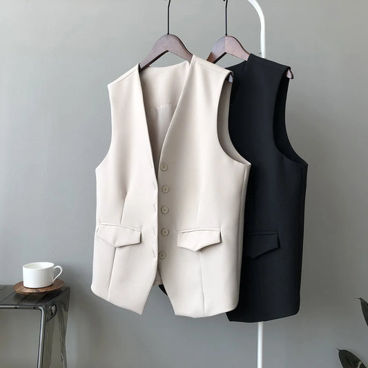 Women V-neck Suit Vest Spring Autumn New Korean Version Fashionable Sleeveless Jacket Trendy Casual Single Breasted Waistcoat