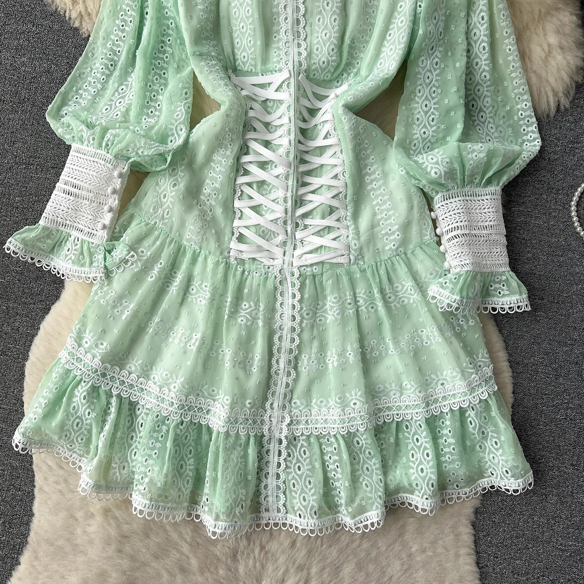 Dresses For Women 2023 Luxury Fashion Waist Lace Up Embroidery Dress Spring Long Sleeve Elegant Wedding Guest Party Mini Dress