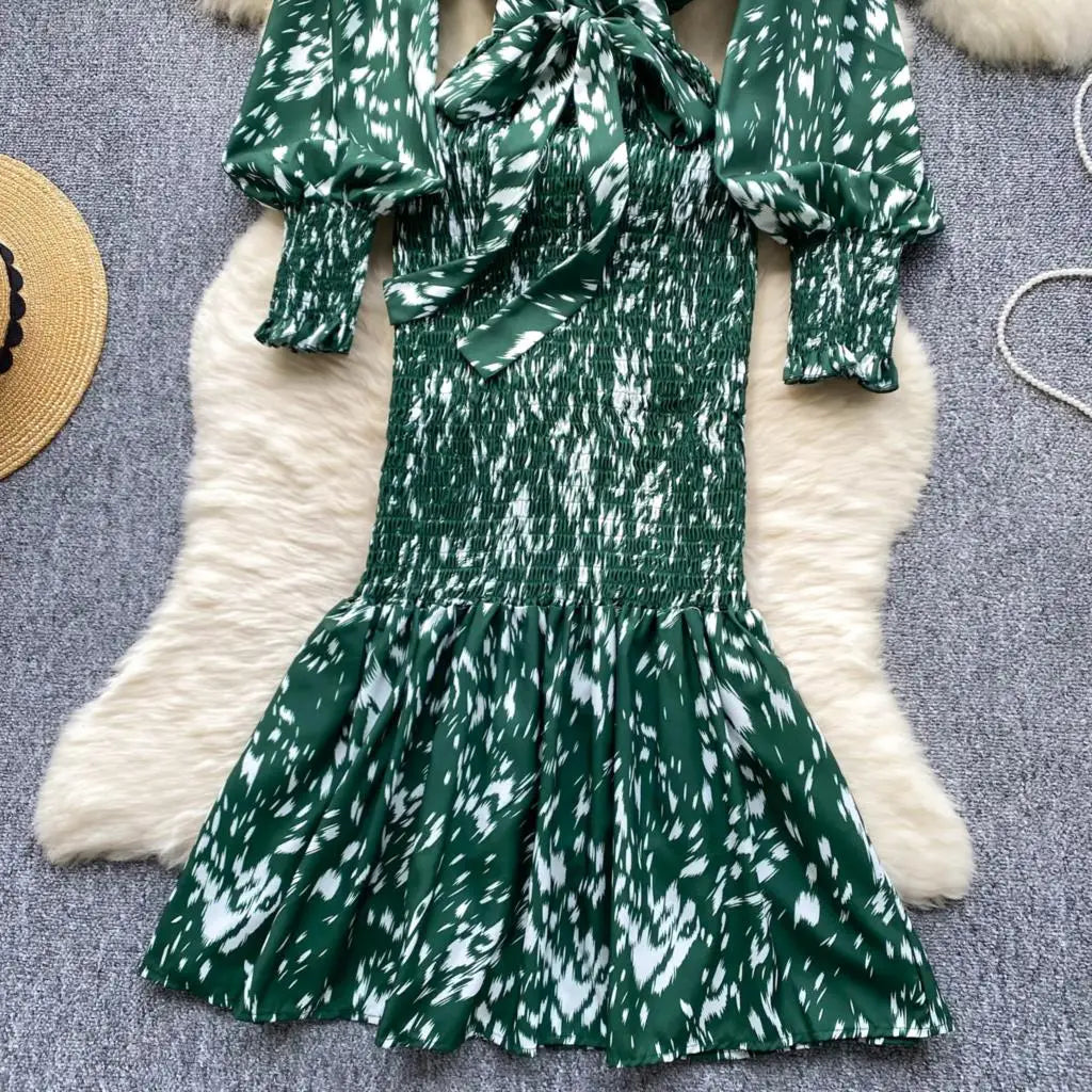 Women Casual Vintage Print Ruffle Long Dress Autumn Elegant V Neck Lantern Sleeve Party Mermaid Dresses Holiday Female Mujer New