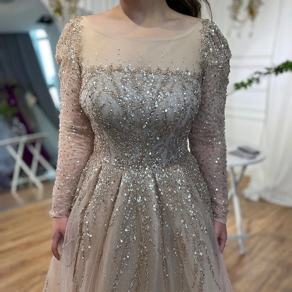 Serene Hill Muslim Pink A Line Beaded Luxury Dubai Long Evening Dresses Gowns 2024  For Woman Wedding Party LA71915