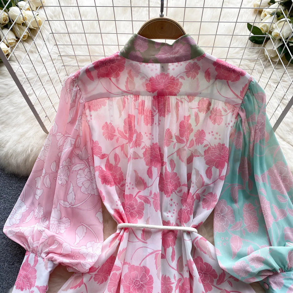 Chic Print Pleated Elegant Lantern Sleeve Dress A-line Casual Lace Up Vacation Party Dress Women Fashion Autumn Spring Vestidos