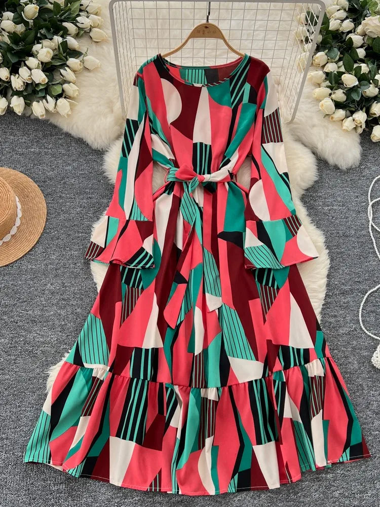 Women Vintage Print Dress for Women Autumn Flare Long Sleeves Lace Up Ruffles Slim Waist Evening Party Dresses A-Line Vestidos