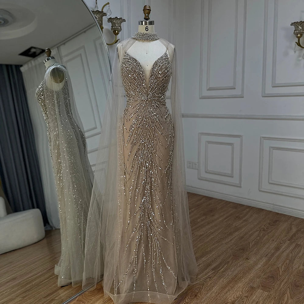 Serene Hill Spaghetti Strap Long Cloak Mermaid Caramel Beaded  Luxury Evening Dresses Gowns for Women's Party 2024 LA72768