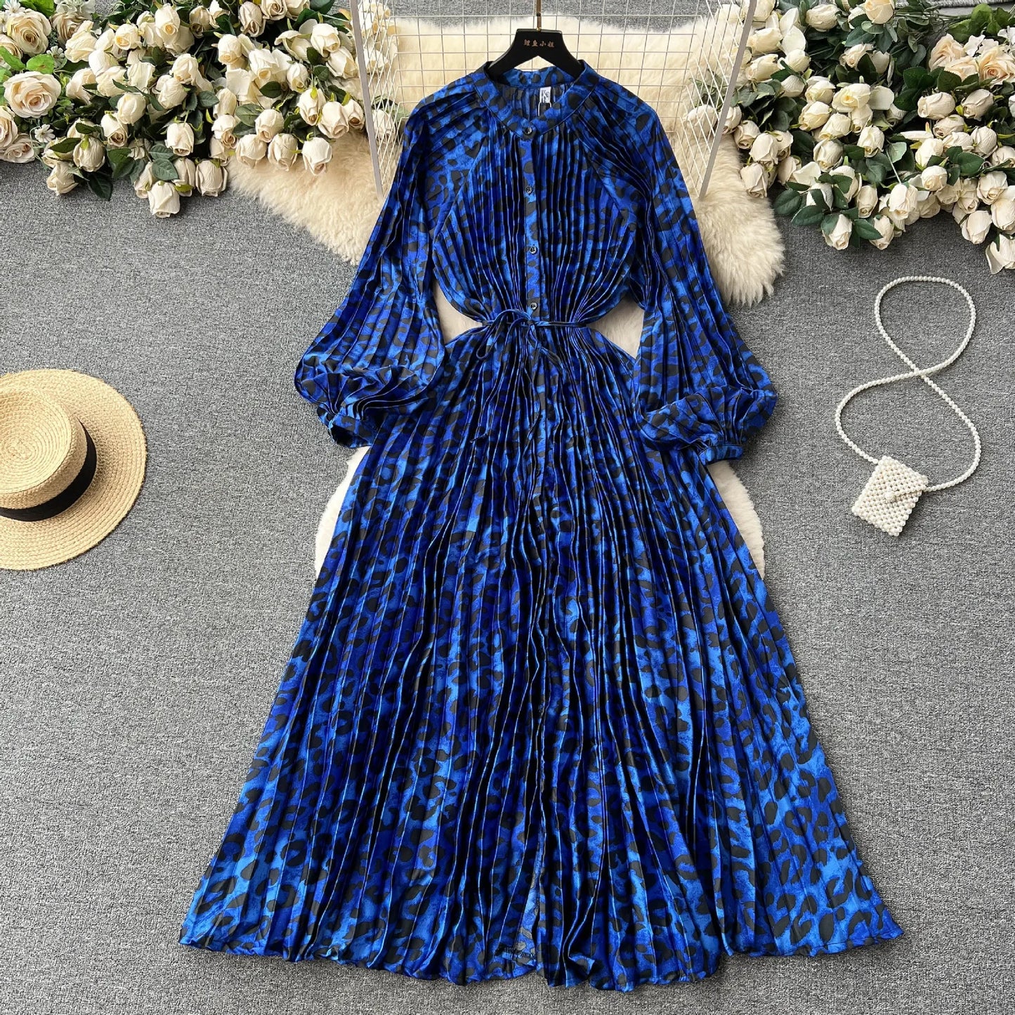 Women Print Long Dress Single Breasted Lantern Full Sleeve Round Neck A Line Dresses High Waist Folds Skirts Ladies Autumn