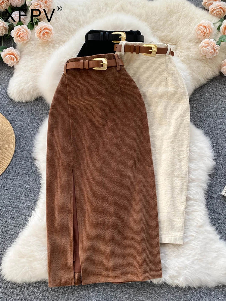 XFPV Women Korean Split Mid-calf Length High Waist Slim Package Hip A-line Skirt 2023 Fashion New Tide Spring Summer SM5066