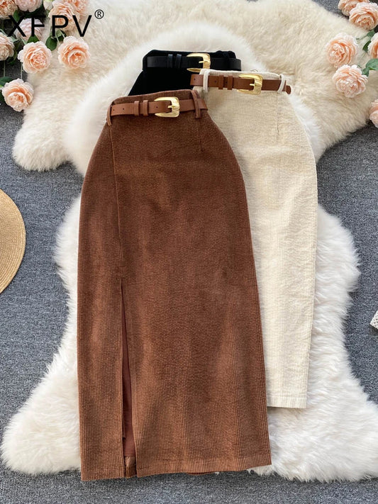 XFPV Women Korean Split Mid-calf Length High Waist Slim Package Hip A-line Skirt 2023 Fashion New Tide Spring Summer SM5066