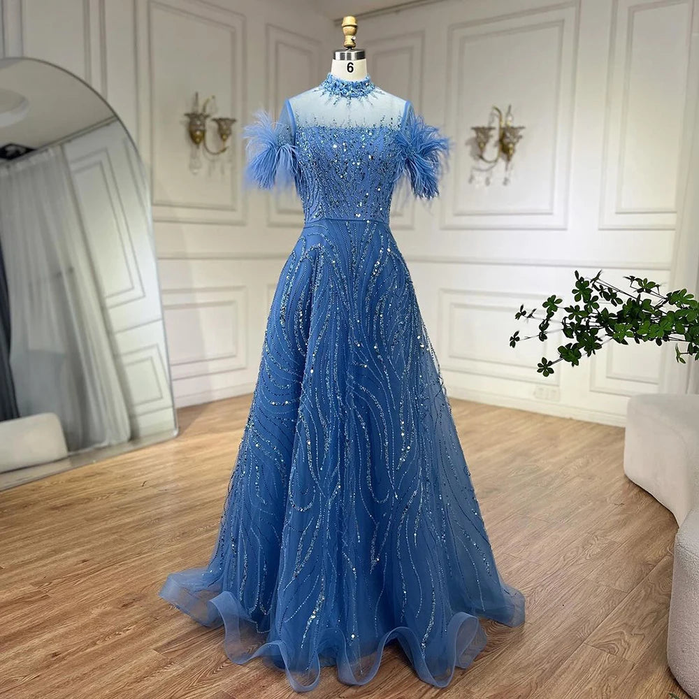 Serene Hill 2024 Arabic blue A Line Short Sleeveless Luxury Evening Dresses Beaded Feathers For Women Wedding Party LA72351