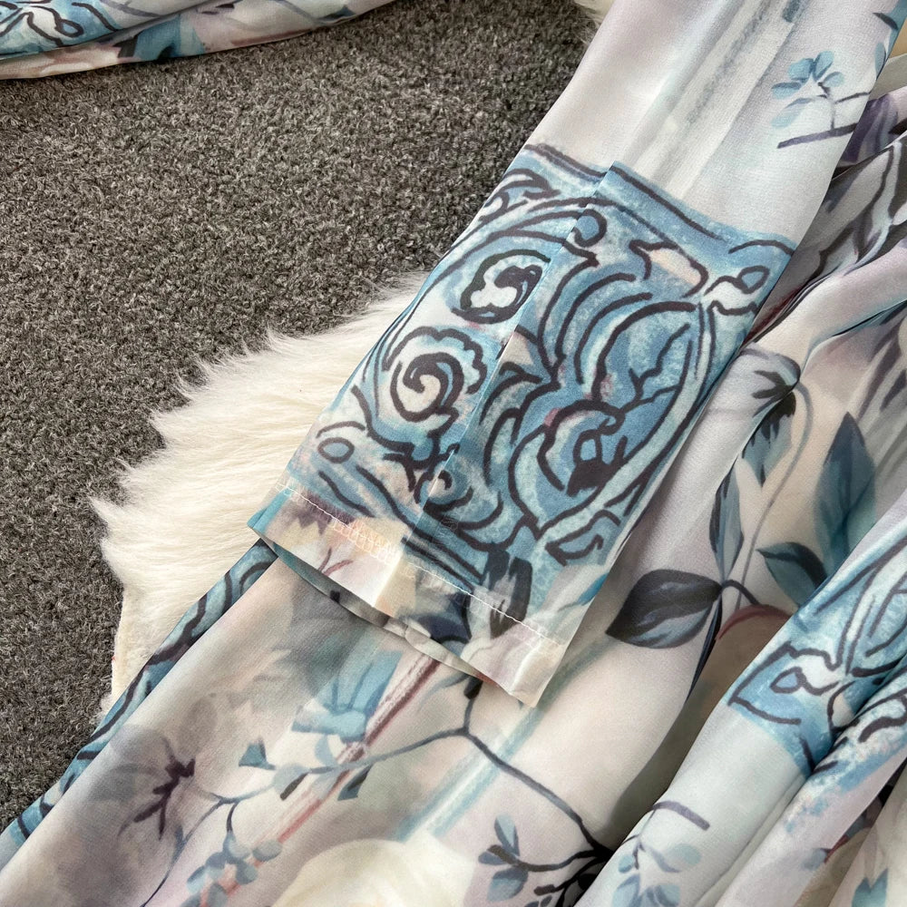 Elegant Chic A-Line Women Autumn Dress Long Sleeve Casual Floral Print Vintage Beach Holiday Vestidos Female Lace-up Robe Mujers