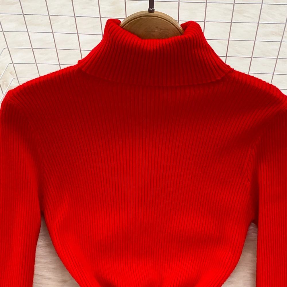 Elegant Turtleneck Long Sleeve Knit Soft Tight Pencil Dress with Belt Slim Fashion Warm Sweater Vestido Sexy Women Winter Robe