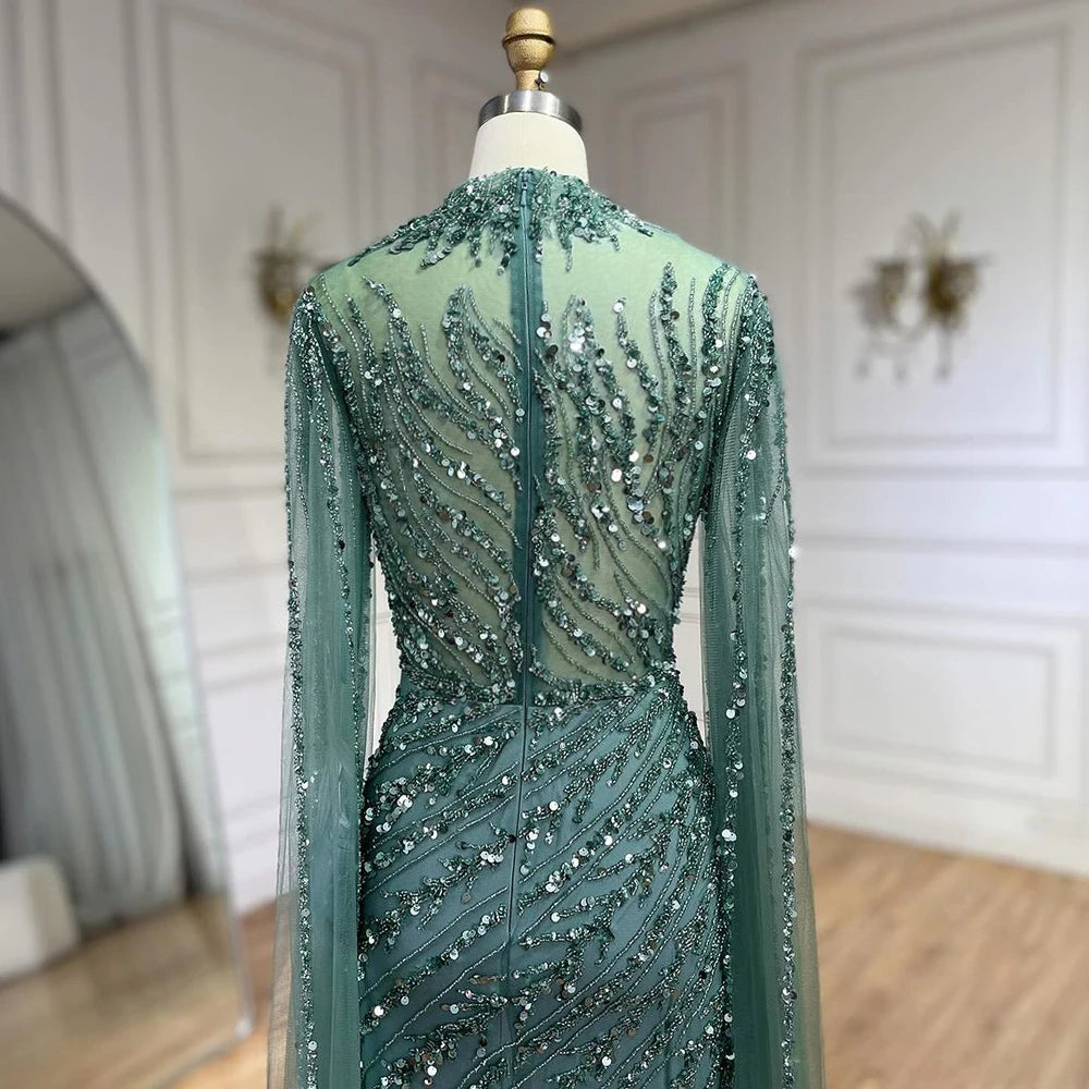 Serene Hill 2024 Nude Cape Sleeves Mermaid Lace Beaded Luxury Dubai Long Evening Dresses Gowns for Women Wedding Party BLA71885A