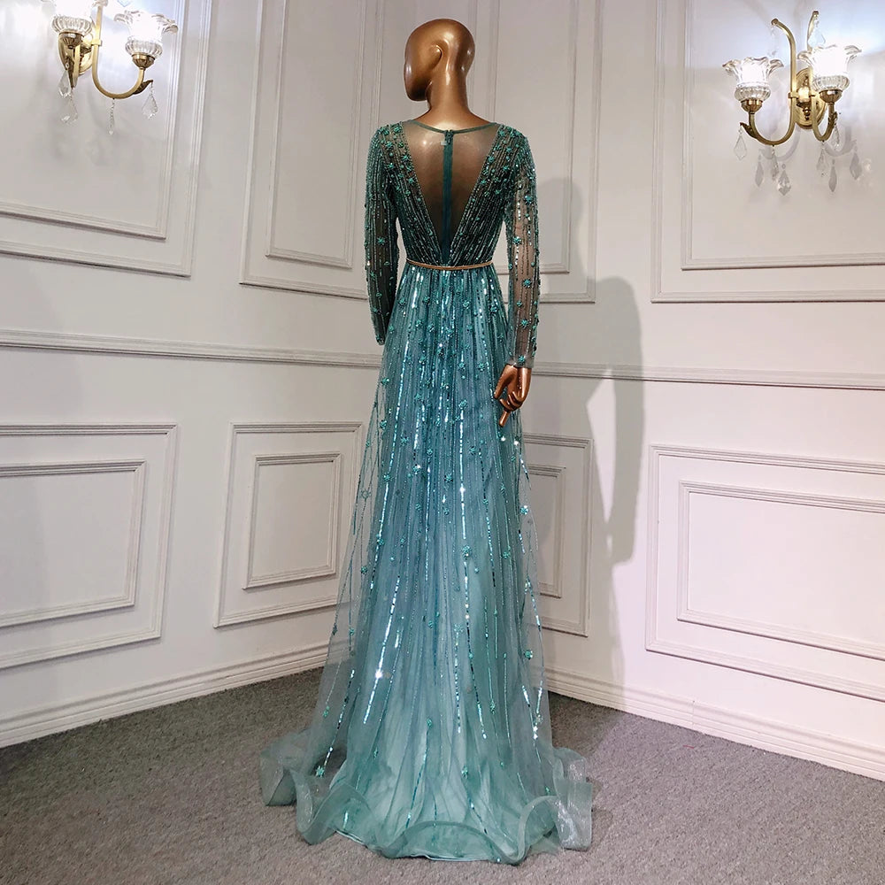 Serene Hill Muslim Gold A-Line Luxury Evening Dresses Gowns 2022 Sparkle Beaded Long Sleeves Sexy For Women Party GLA70674