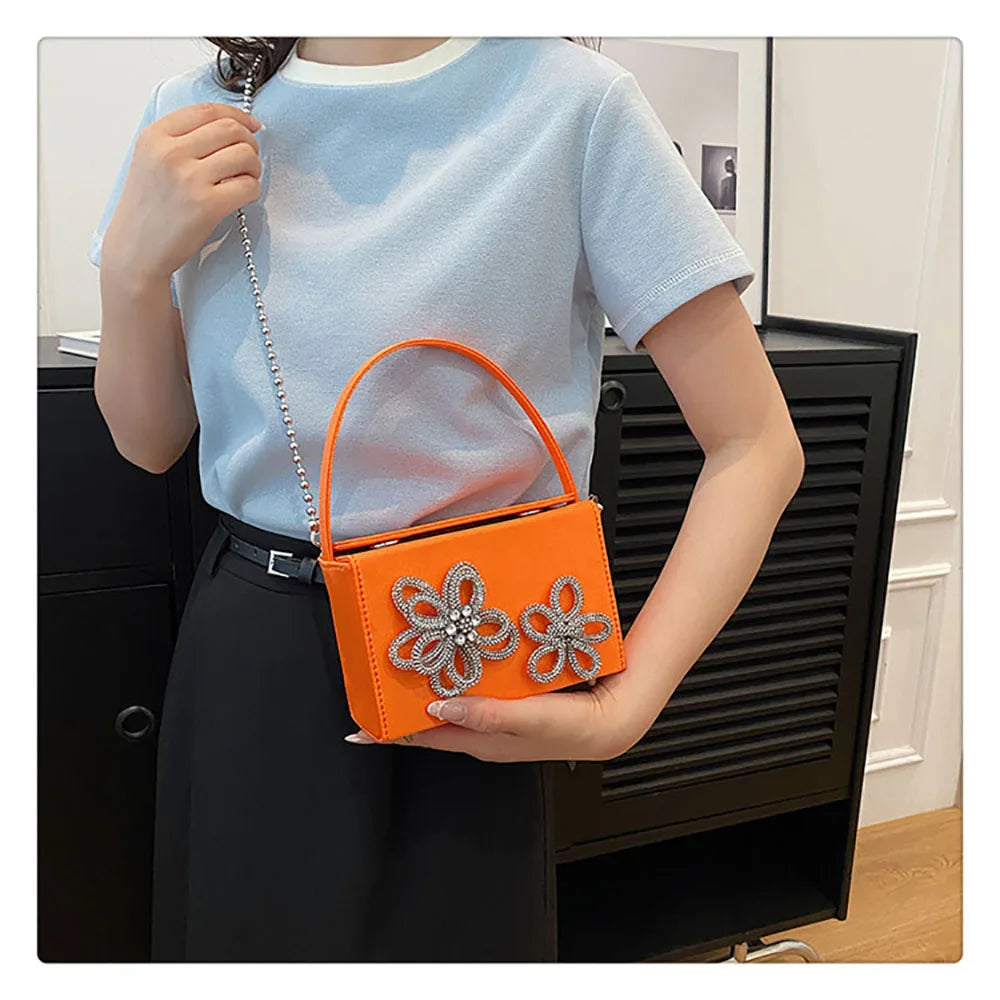 Light Luxury High-Grade Women Chain Crossbody Bag Korean Design Sense Diamond Flower New Pop Handbag Fashion Box Mini Square Bag