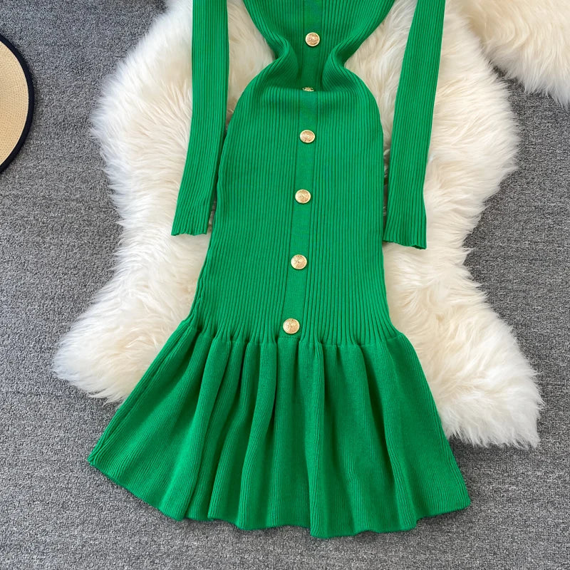 Chic V Neck Long Sleeve Elegant Mermaid Dress Sexy slim Evening Party French Fashion Knit Vestidos High Waist Autumn Slim Robe