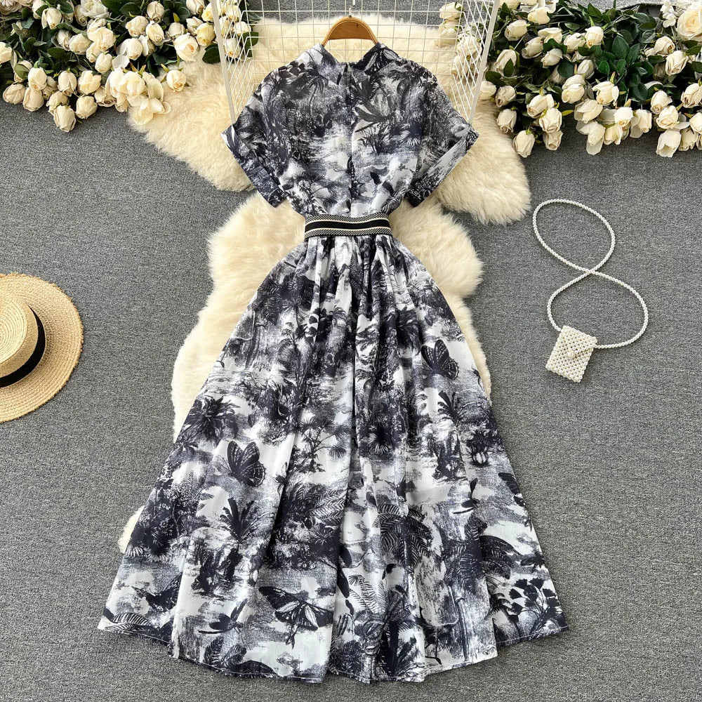 Vintage Tie Dye Print Shirt Dress Women Elegant Summer High Waist Slim A Line Printed Chiffon Long Robe Ladies Casual Long Robe