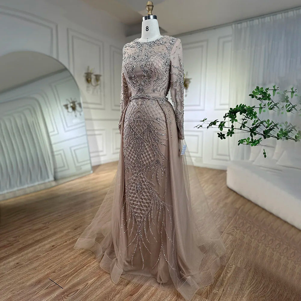 Serene Hill Muslim Silver Nude Mermaid Gown with Detachable Overskirt Beaded Evening Dress for Women Wedding Party 2024 LA71919