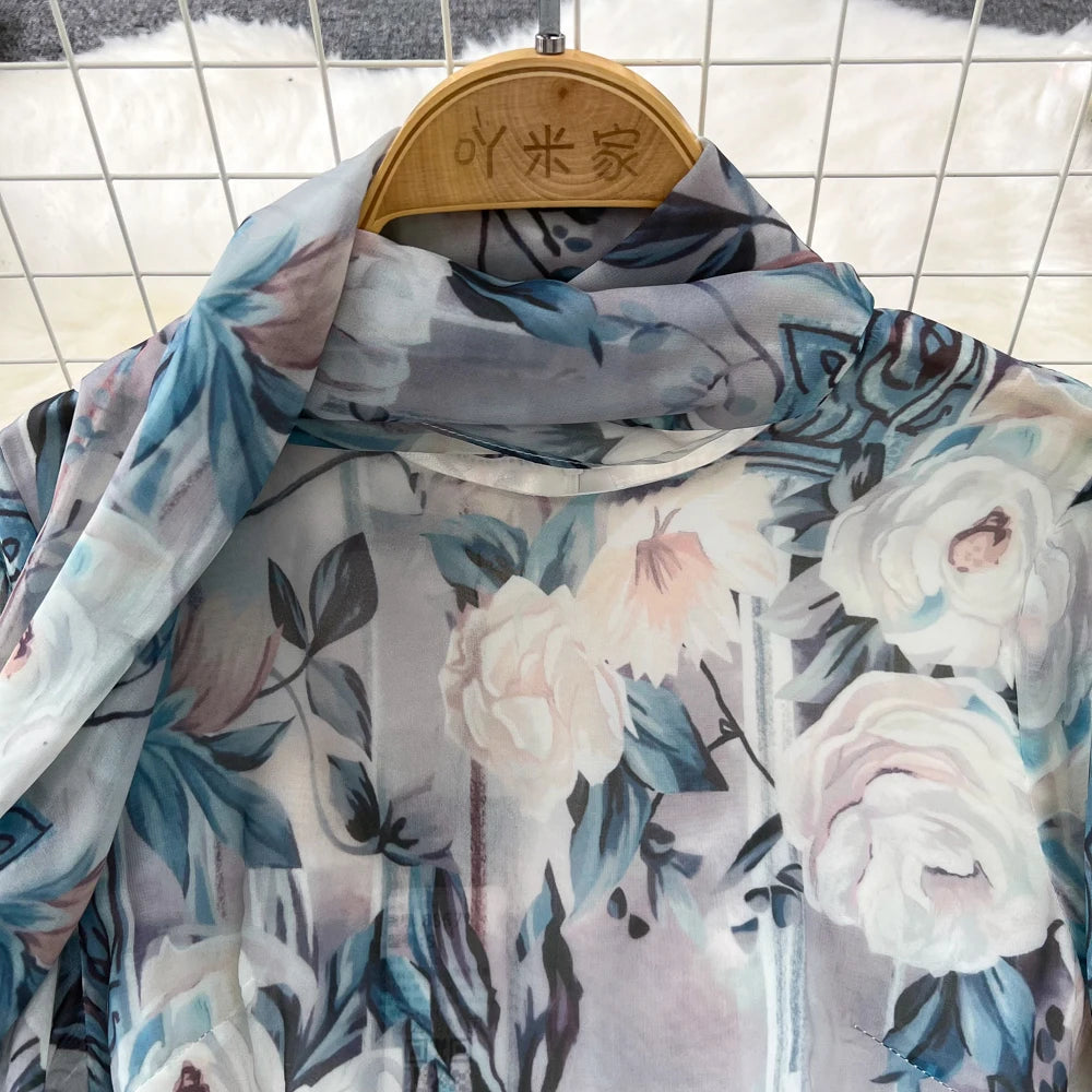 Elegant Chic A-Line Women Autumn Dress Long Sleeve Casual Floral Print Vintage Beach Holiday Vestidos Female Lace-up Robe Mujers