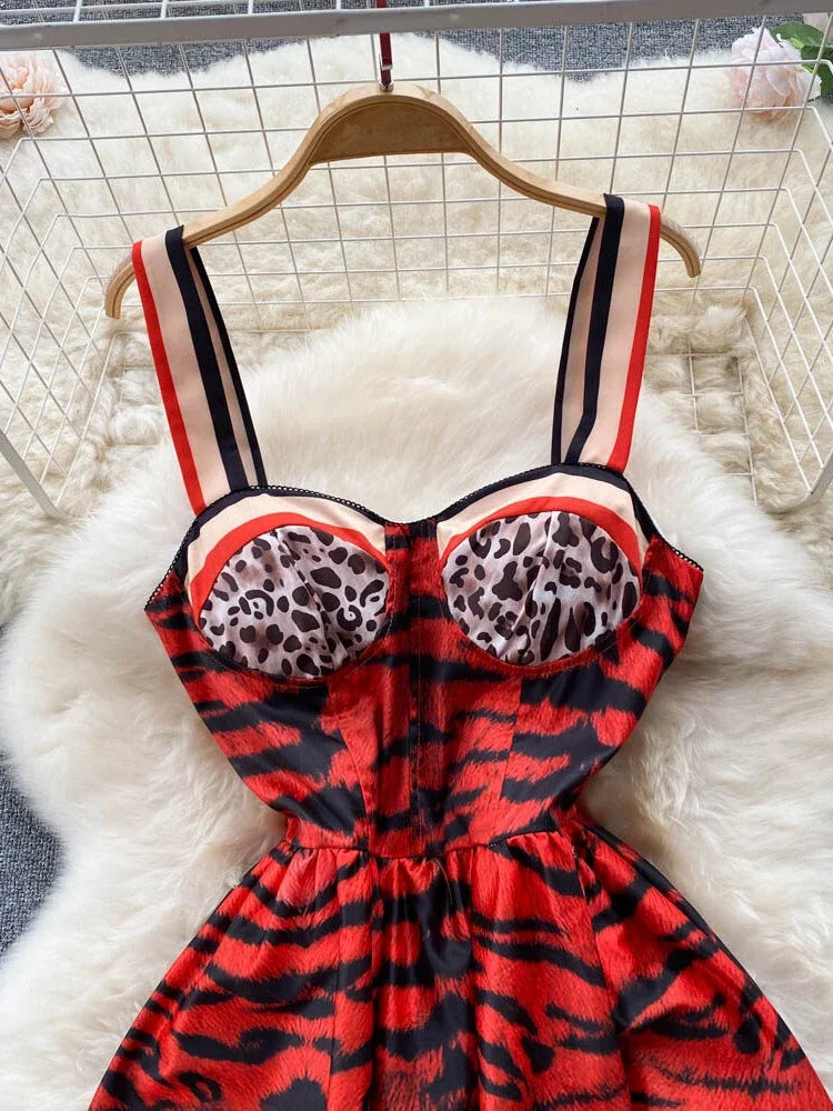 Women Vintage Party Dress Summer Leopard Print Three-dimensional Midi Dresses Ladies Elegant A Line High Waist Long Robe