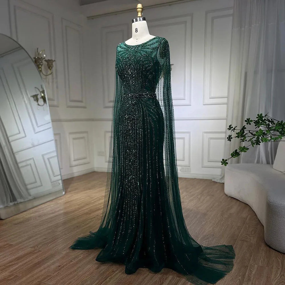 Serene Hill Brown Mermaid Elegant 2024 With Cape Sleeves Beaded Luxury Evening Dresses Gowns   For Women Party LA70638