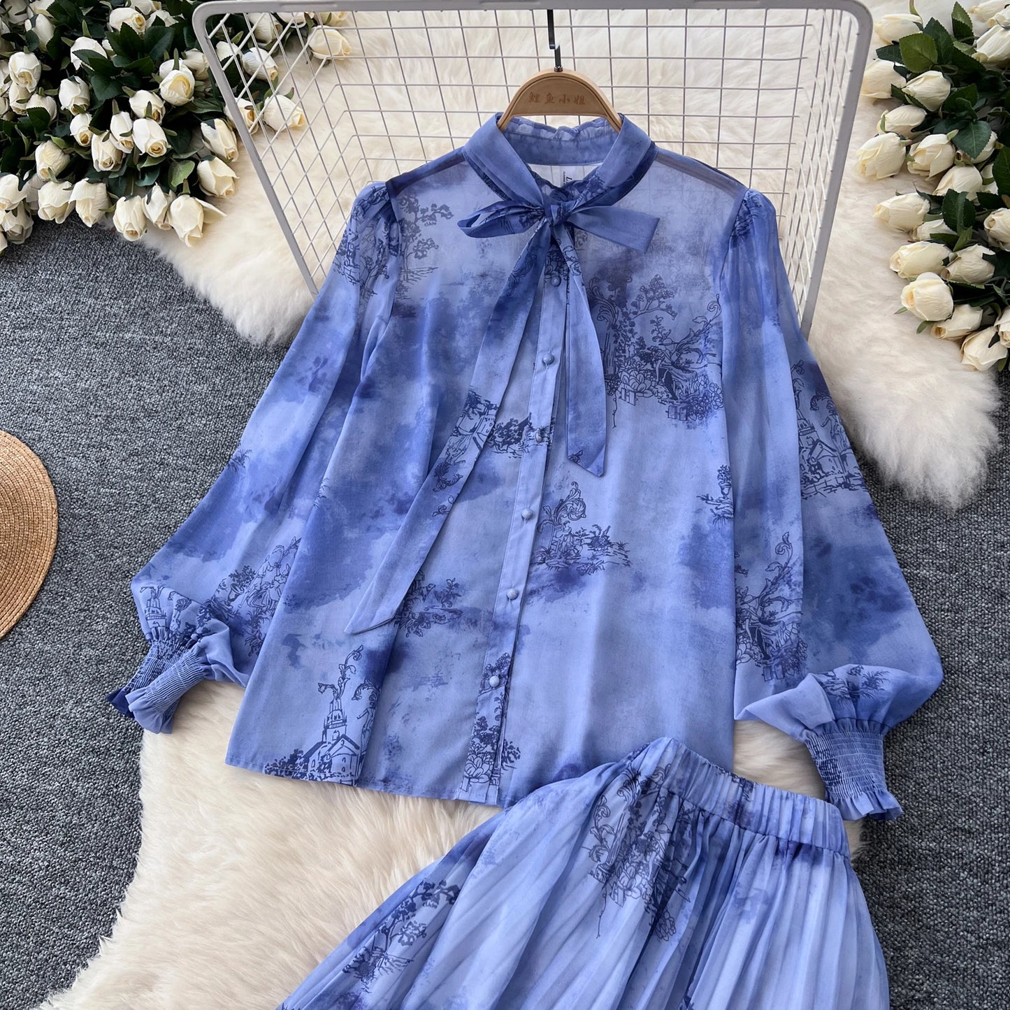 Women Chic Print Sweet Two Pieces Sets Bow Lantern Long Sleeve Top  High Waitst Wide Skirt Fashion Summer Sets