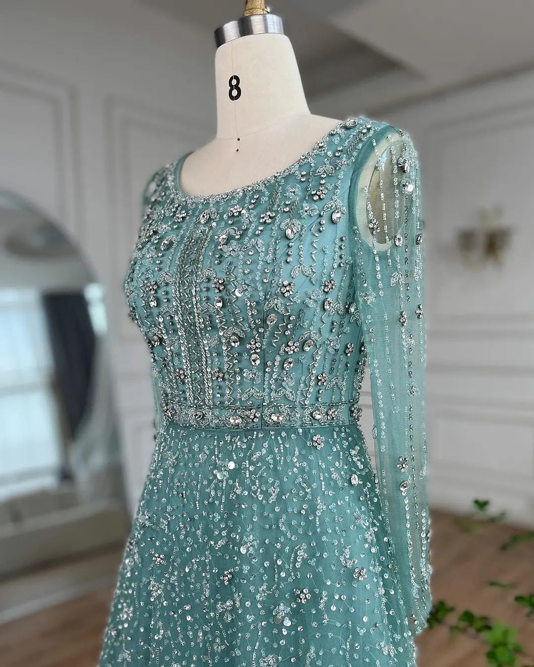 SERENE HILL Dubai Arabic Nude Designer Luxury Beaded Evening Dresses 2024 Long Sleeves Gowns For Women Wedding Party GLA72088