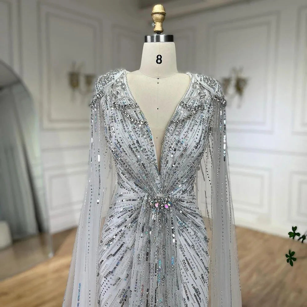 Serene Hill Turquoise Mermaid Evening Dresses Gowns 2024 with Beaded Cape Sleeves Design for Women's Wedding Party BLA72168A