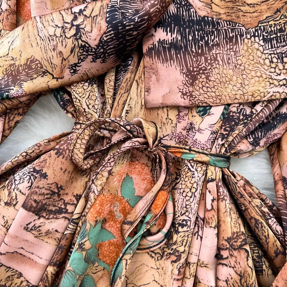 Elegant Casual A-Line Vintage Ruffle Print Long Dress Autumn Lantern Sleeve Party Boho Dresses Beach Holiday Female Vestidos