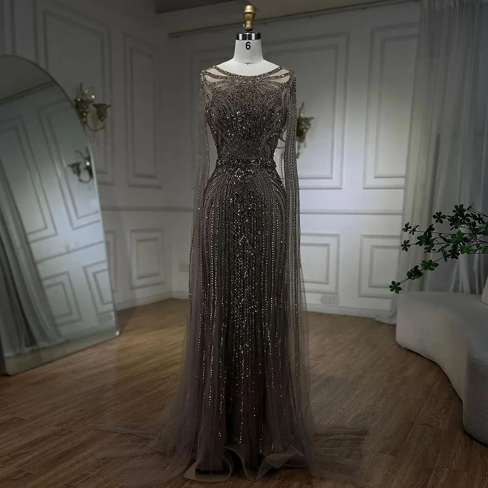 Serene Hill Brown Mermaid Elegant 2024 With Cape Sleeves Beaded Luxury Evening Dresses Gowns   For Women Party LA70638