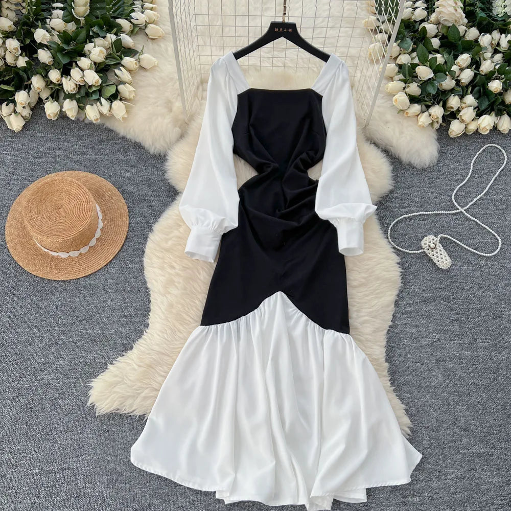 Elegant Pleated Mermaid Dress for Women Autumn Black White Patchwork Evening Party Dresses Autumn Slim Waist Prom Vestidos Robe