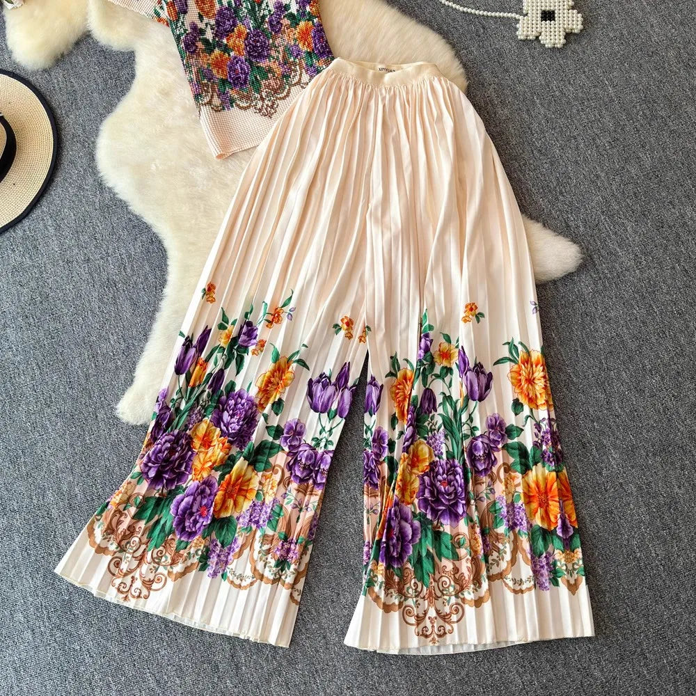 Miyake Flower Summer Pants Two Piece Set Women O Neck Floral Appliques Print Stretch T-Shirt + Pleated Wide Leg Trousers Suits