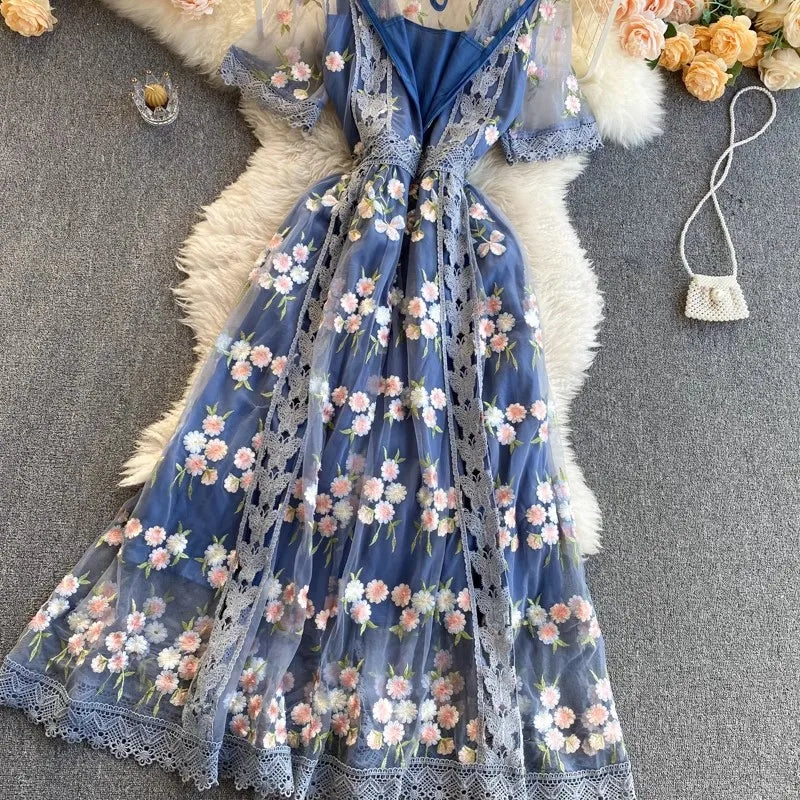Elegant Mesh Embroidery Dress Women Korean Fashion Summer O Neck Short Sleeve Long Mesh Dress Party Vestidos