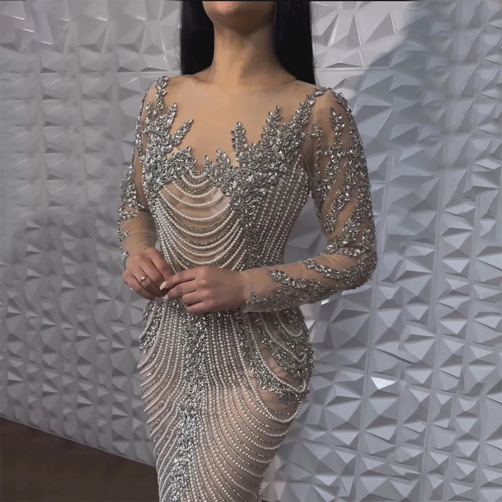 Serene Hill Luxury Crystal Pearls Dubai Sliver Nude Evening Dresses for Women Wedding Formal Prom Party Gown BLA72478